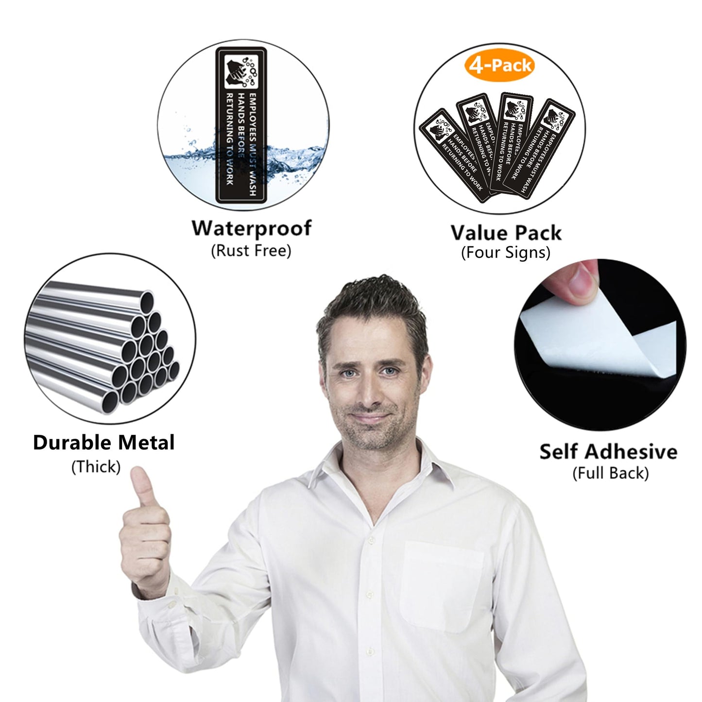 (4 Pack) Employees Must Wash Hands Sign, Self-Adhesive Metal Signage for Bathroom Office, Waterproof Aluminum Signs for Indoor Outdoor (9x3, Black)