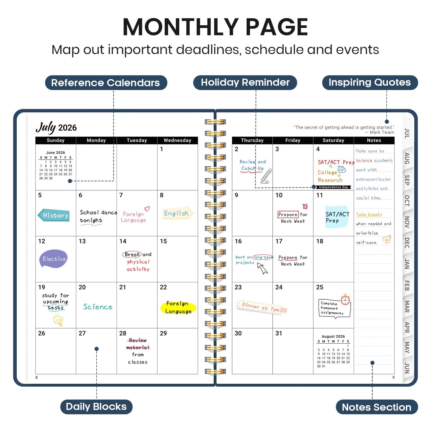 Planner 2026-2027 for Women & Men, Set of 3, Academic Monthly and Weekly Calendar Planner, Jul 2026 - Jun 2027, A5 (6.3" x 8.5"), Teacher Student Planning Book with Tabs, Ideal for Office School Supplies - 3 Navy Blue