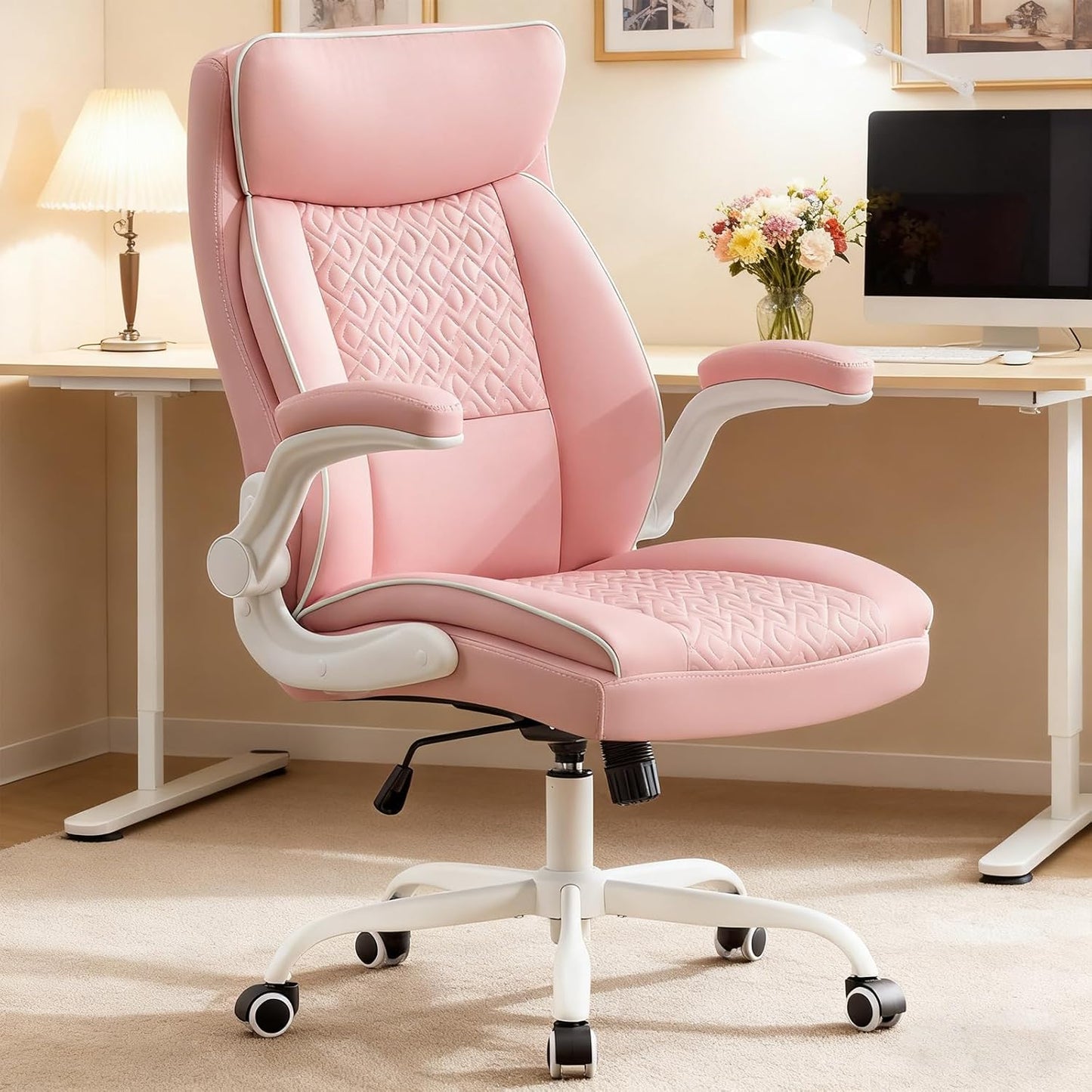 Skiennix Leather Office Chair - Comfortable Executive Desk Chair with Lumbar Support | Pink, 400lbs Capacity
