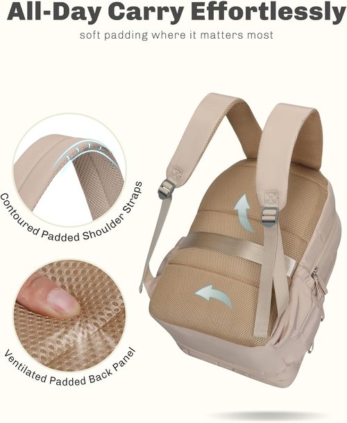 Hynes Eagle College Laptop Backpack - 16-Inch Quilted Travel Bag for Women | Lightweight Puffer Daypack 28L in Camel