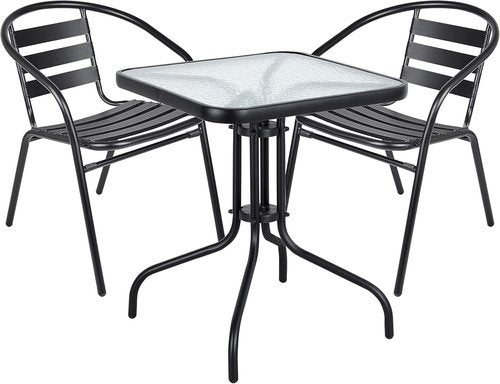 BTEXPERT Indoor/Outdoor 23.75" Square Tempered Glass Table with 2 Lightweight Black Metal Chairs