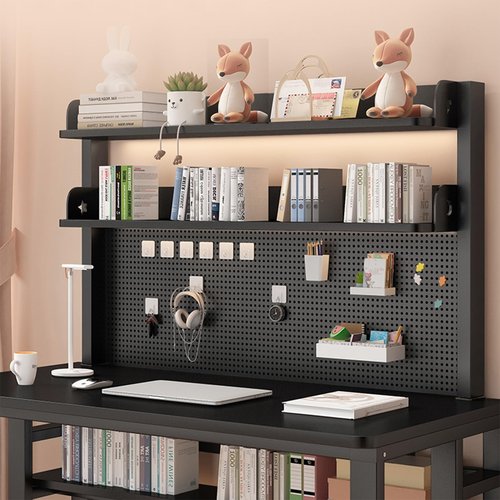 WOHNZA 35X23IN Clamp On Desk Shelf Organizer, Black Desktop Bookshelf Storage Shelves with Pegboard, Desk Extender for Office, Privacy Panel,Gaming Desk