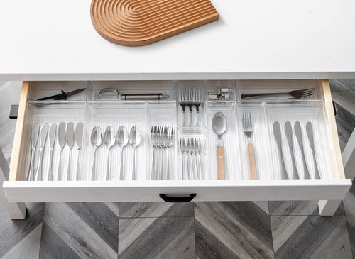 DCA 28 PCS Clear Plastic Drawer Organizer Set, 4-Size Versatile Bathroom and Vanity Drawer Organizer Trays, Storage Bins for Makeup, Jewelries, Kitchen Utensils and Office