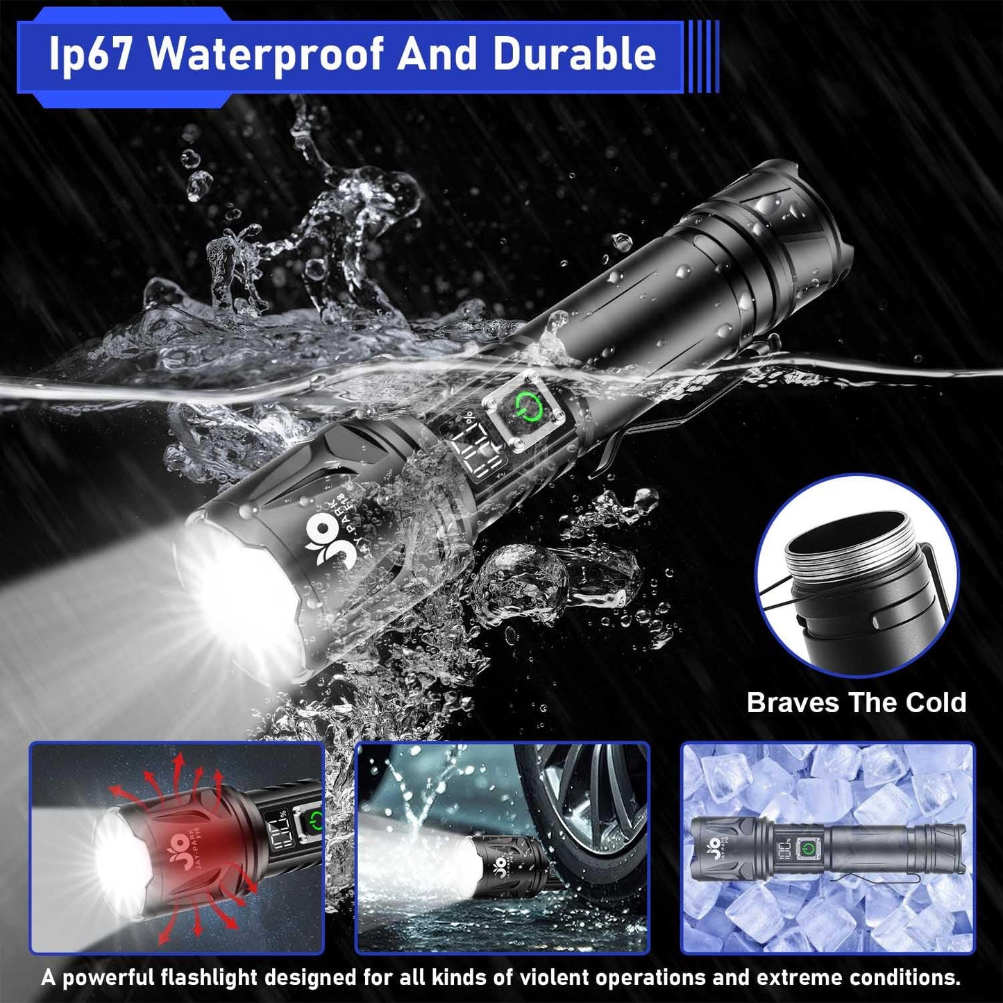 JAY-PARK High Lumen Flashlight 100000 Lumen Rechargeable 5000mAh Battery