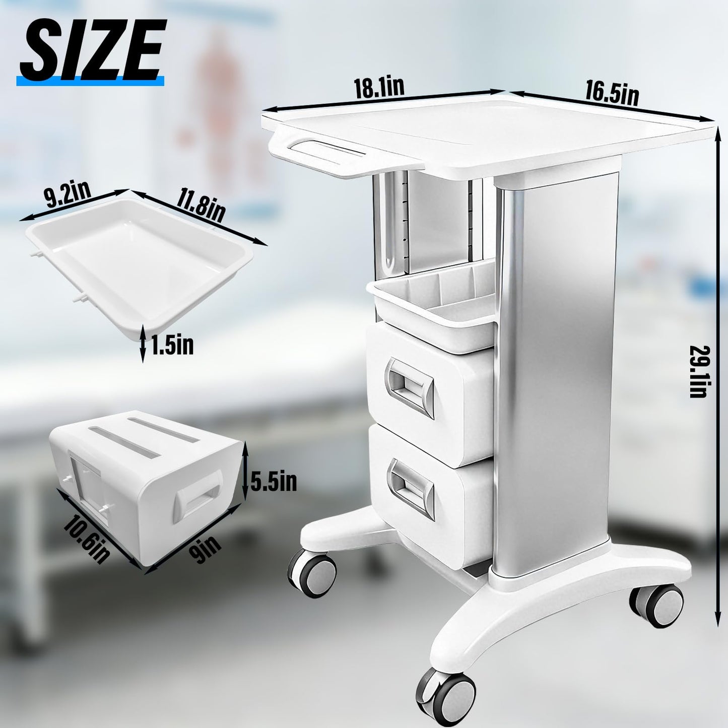 Medical Trolley Cart Mobile with Drawers, Hospital Ultrasound Cart with 4 Silent Swivel Wheels, Portable Medical Trolley Carts, 225 LBS Load, for Beauty, Salon, Clinic and Lab (Silver, Double Drawer)