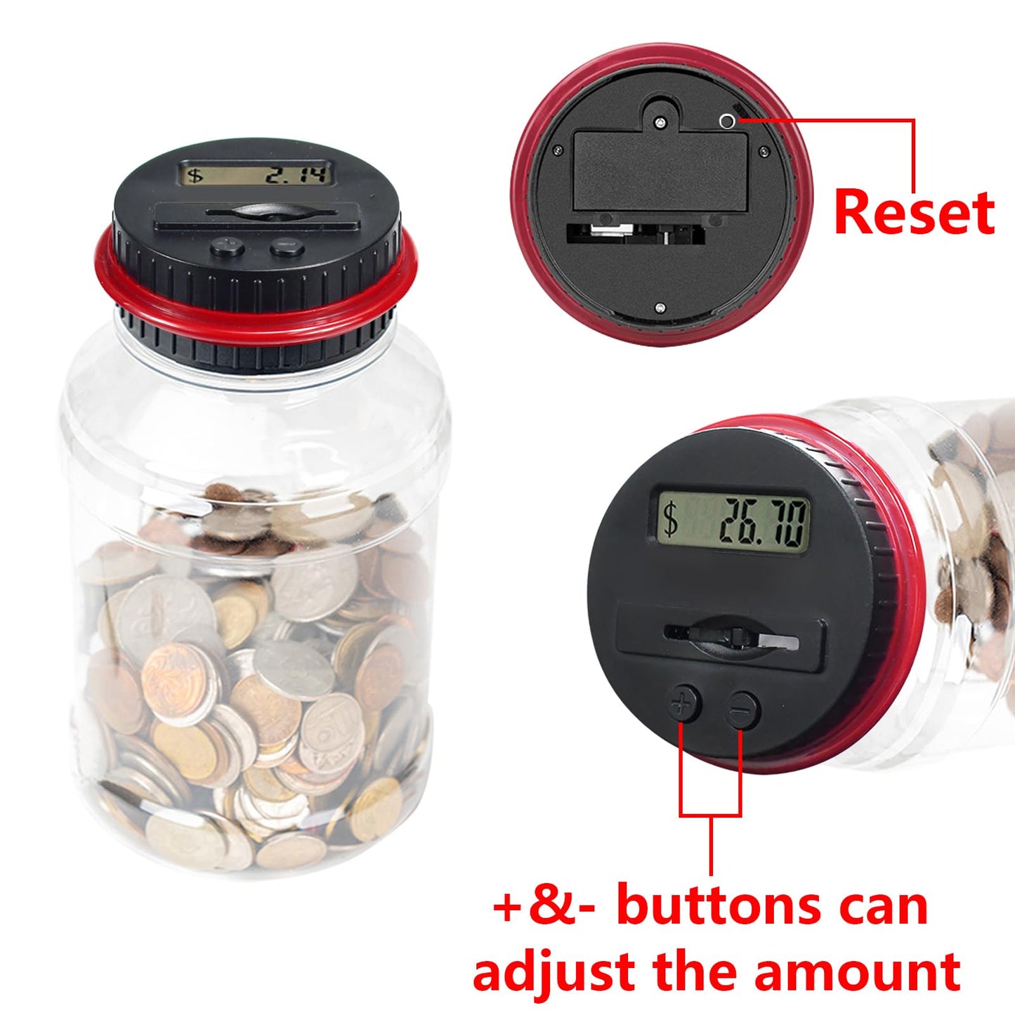 Totola Digital Counting Piggy Banks for Adults, 1.8L Capacity Coin Bank with LCD Counter Display, Transparent Money Coin Jar for Money Saving, Holds All US Coins, Ideal Gift for Boys Girls (Red)