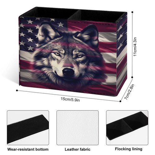 Buyidec Pen Holder Pencil Holder for Desk Wolf American Flag PU Leather Pens Pencils Holder Cup Desktop Desk Pencil Pen Organizer Makeup Brush Holder for Office School Home