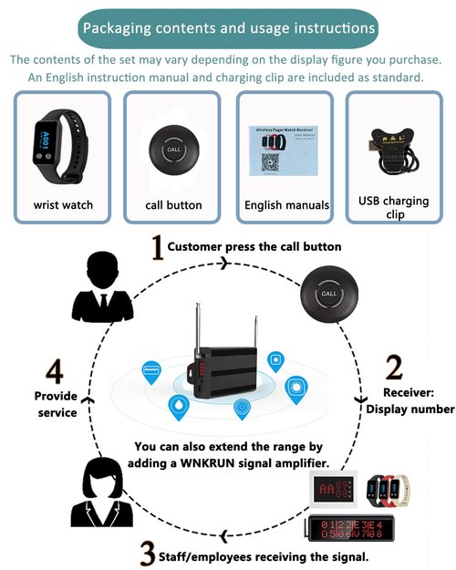 WNKRUN Wireless Restaurant Pager System with 1 Waterproof Watch Pager and 2 Call Buttons (2 N1 Buttons)