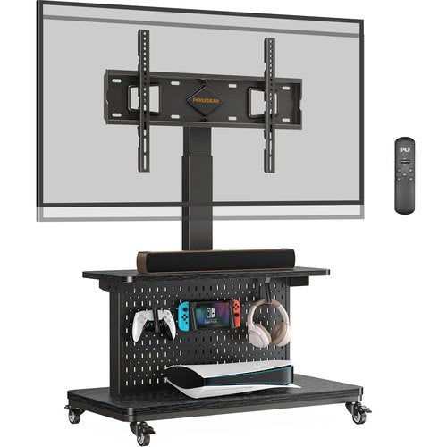 Perlegear Motorized Mobile TV Stand on Wheels, Electric Height Adjustable TV Cart for 32-80″ TVs up to 100 lbs, Rolling TV Stand with Remote Control, 4 Height Memory, ±35° Swivel with Pegboard Storage