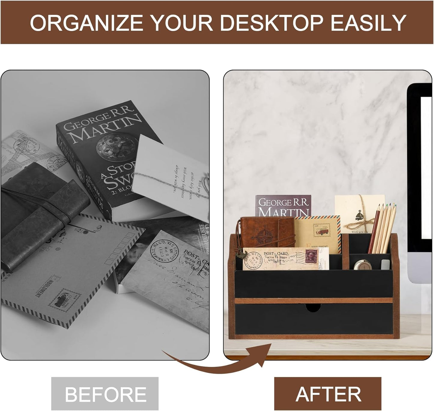 Skiennix Desk Organizer - Stylish Wooden File Holder with Drawer | 5-Slot Mail & Pen Storage for Home & Office