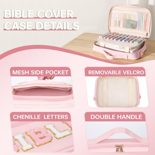 Bible Cover Case for Women Large Bible Bag with Bible Highlighters Tabs Bble Case Leather Western Bible Cover Carrying Tote Bags for Bible Study Accessories (Pink, Large)