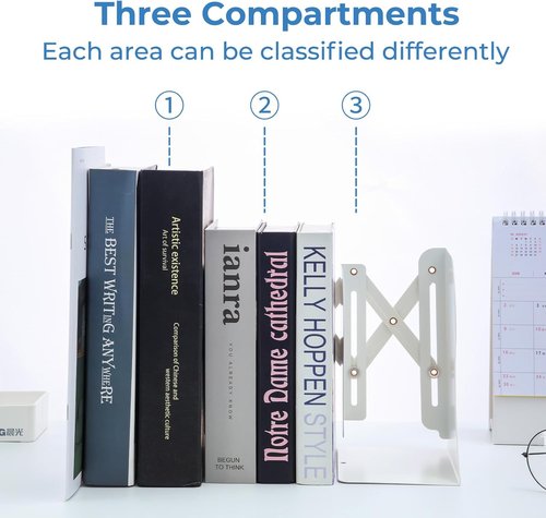 M&G Adjustable Bookends - Metal Bookends for Heavy Books | Extends Up to 20in - White Desk Organizer