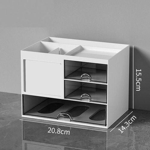 Catekro Pen Organizer with 3 Drawer, Desk Top Accessories Stationary Organizer Desk Caddy, Multi-Functional Pencil Holder for Desk Organizers with 5 Compartments for Office Art Supplies(White)