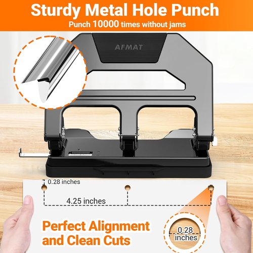 AFMAT Heavy Duty 3 Hole Puncher - Effortless 40-Sheet Capacity | Durable Metal Design with Large Tray (Black)