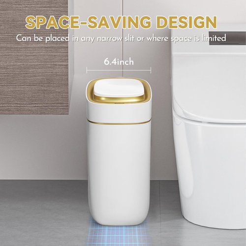 ELPHECO Automatic Bathroom Trash Can with Lid 2.5 Gallon Slim Sensor Garbage Can, 9L Narrow Plastic Trash Bin, Waterproof Motion Sensor Trash Bin for Bedroom, Living Room, Narrow Space, Golden