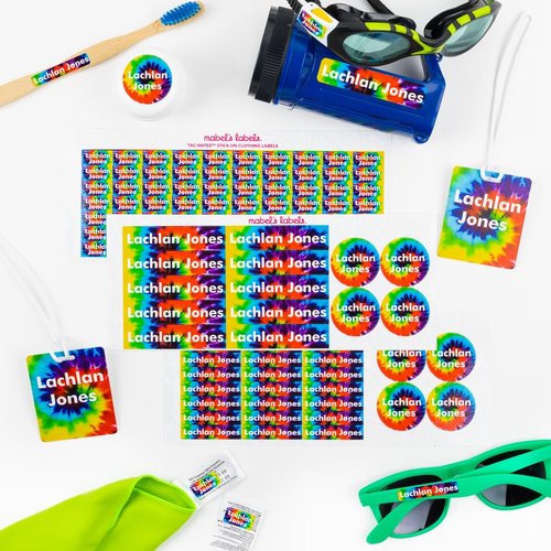 Mabel’s Labels Waterproof, Laundry-Safe Sleepaway Camp Label Pack – Laundry-Safe Kids' Name Labels That Peel and Stick to Clothing Care Tags – 112 lables and 2 Bag Tags - Crumple Tie Dye