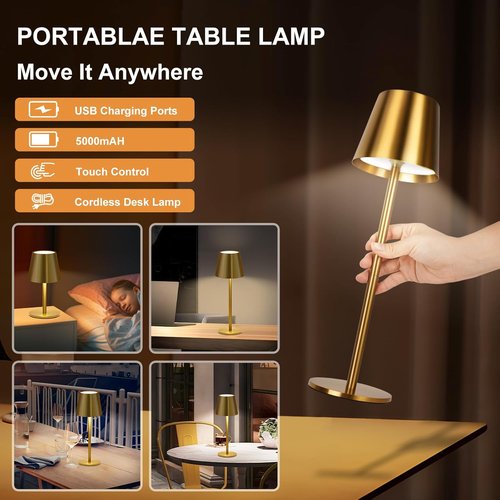 Gold Cordless Table Lamp - Adjustable Height 8-20 Inches | 5000mAh Rechargeable LED, 3 Color Dimmable