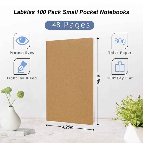 Labkiss 100 Pack Small Blank Notebook & Journal Bulk, Kraft Cover, Unlined Thick Paper, 4.25x5.5 inch,48 Page, Pocket Writing Sketchbook Subject Note Pad Set for Women Men Kid Traveler Student Office