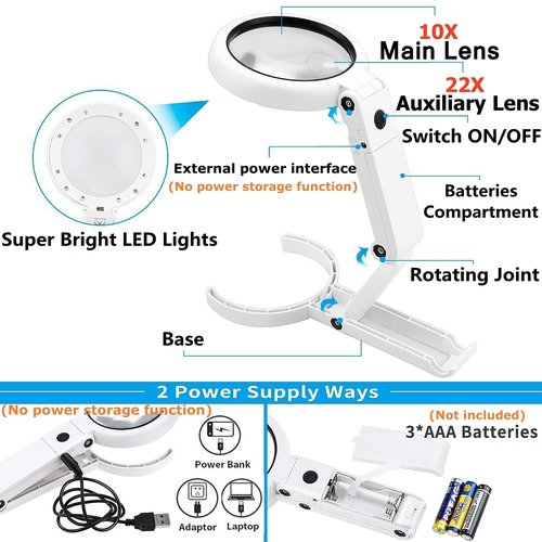 30X 10X Magnifying Glass with Light and Stand, Foldable Handheld Magnifying Glass & 2 Level Dimmable for Macular Degeneration, Seniors Reading, Close Work, Coins, Jewelry, Powered by Battery or USB