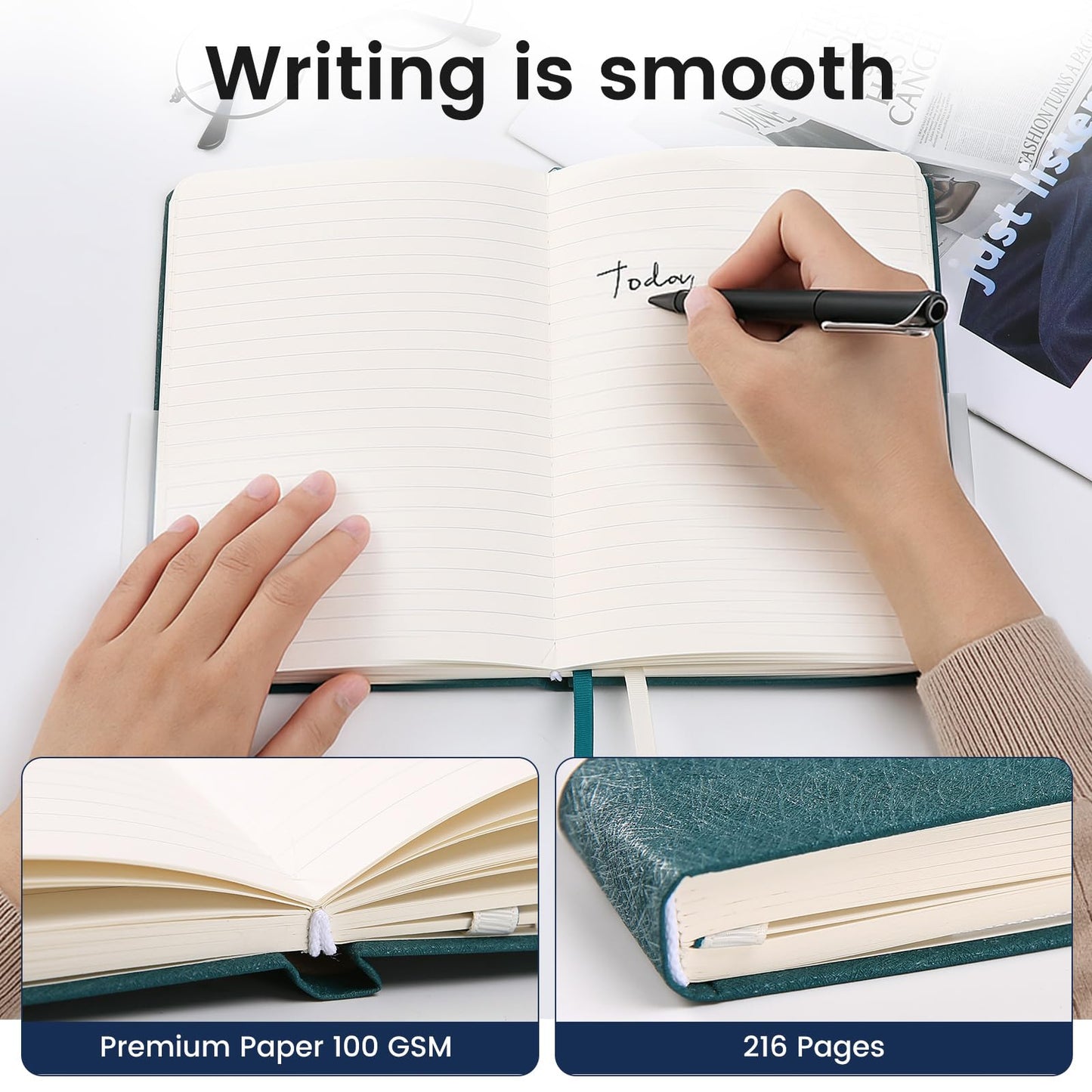 TSFPapier Lined Journal Notebook for Women Men 216 Pages A5 Hardcover Leather Journals for Writing Daily Journaling Notebook for Work, School, Note Taking, Business, Travel (Black)