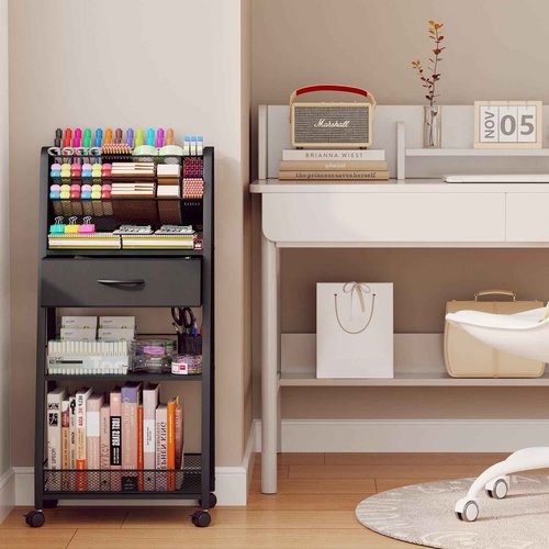 Homsorout 3 Tier Rolling Cart - Metal Utility Cart with Storage Drawer and Wheels, Versatile Art & Craft Organizer for Home, Office, or Studio - Ideal for Storing Brushes, Paints, and Supplies（Black）
