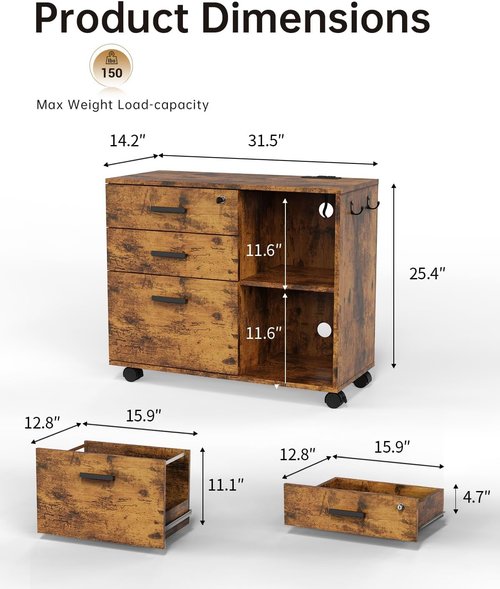 Skiennix 3 Drawer File Cabinet - Home Office Storage with USB Charging Port & Lockable Design