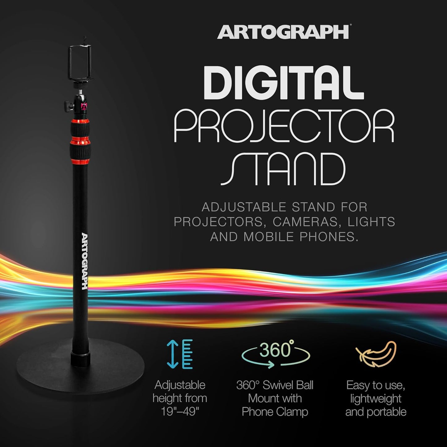Artograph Height Adjustable Projector Stand - Versatile Monopod for Projectors, Cameras & Lights | Includes Smartphone Holder