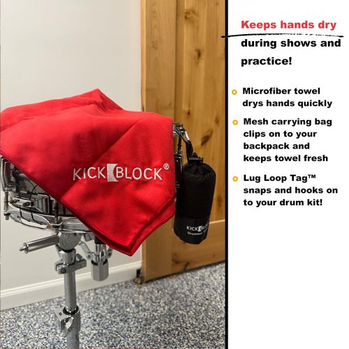 KickBlock Drummer Towel - Quick Dry Towel for Musicians - Attaches to Drum Kit - Sweat Absorbing Hand Towel - Drum Set Accessory & Gift (Black)