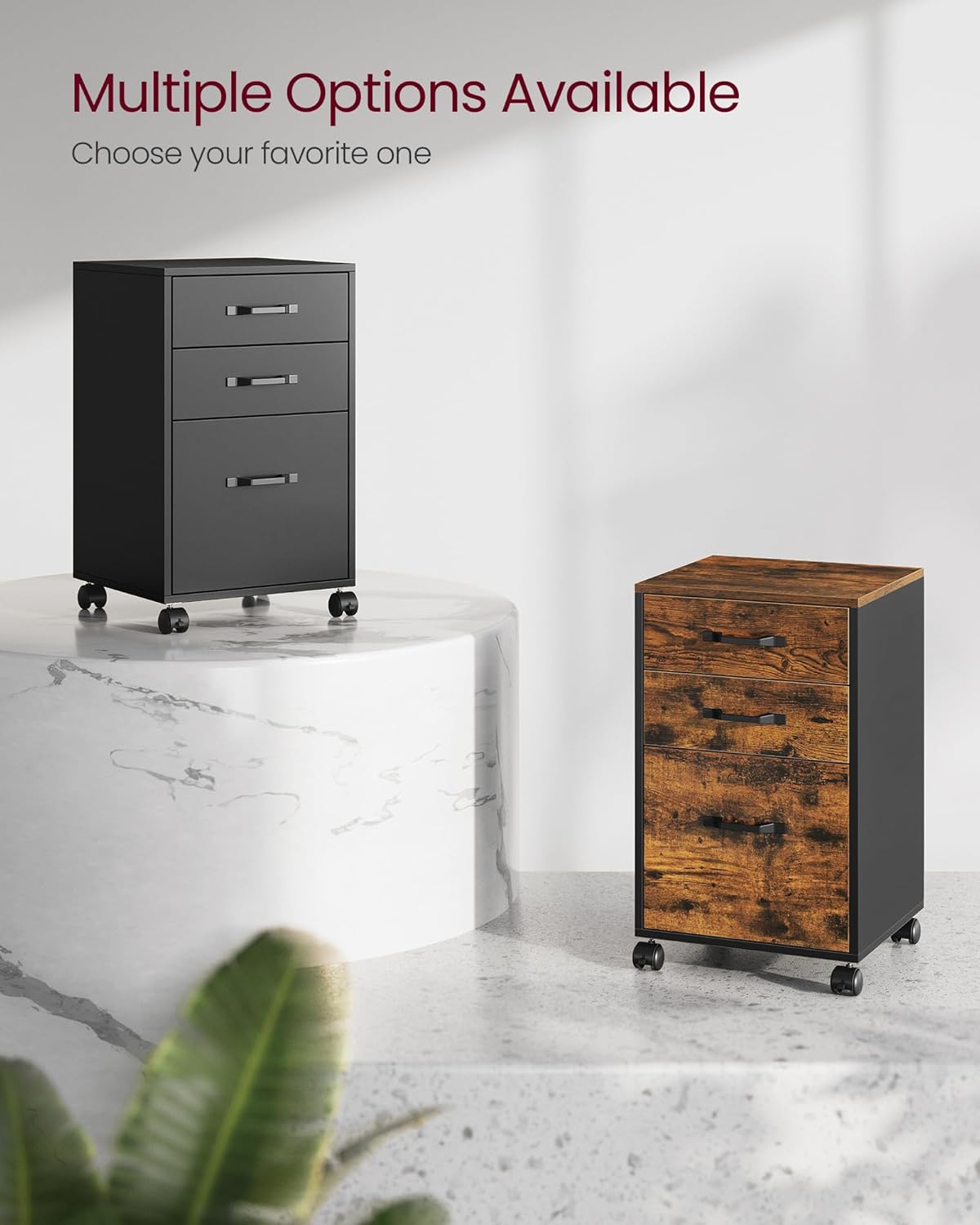 VASAGLE File Cabinet - 3-Drawer Home Office Storage with Wheels | Rustic Brown & Ink Black Finish