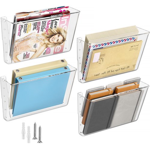 MaxGear Acrylic Wall File Organizer, 4 Pockets Clear Wall Mounted File Holder, Mail Organizer for Home, Office and School (13x4x7 inches)