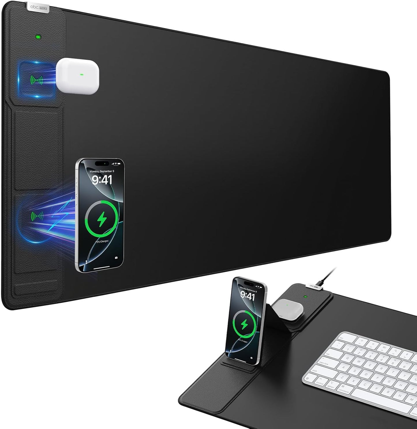 Wireless Charging Mouse Pad - Foldable Phone Holder | Large 31.5"x15.8" Desk Mat, Waterproof & Non-Slip, Black