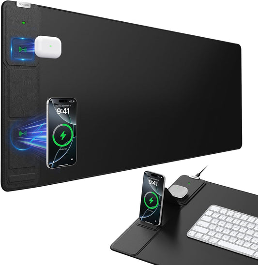 Wireless Charging Mouse Pad - Foldable Phone Holder | Large 31.5"x15.8" Desk Mat, Waterproof & Non-Slip, Black