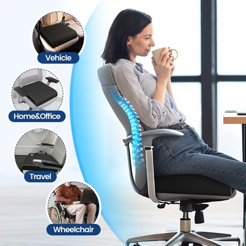 SweetSlubr Seat Cushion for Tailbone Pain Relief, Office Chair Cushion, Memory Foam Large Chair Cushion with Non-Slip Cover for Soft Support at Office Chair, Car Seat, Airplane Black/Large