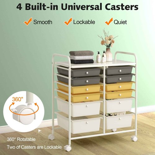 Giantex 12-Drawer Rolling Storage Cart, Multipurpose Movable Organizer Cart, Utility Cart for Home, Office, School (Yellow)