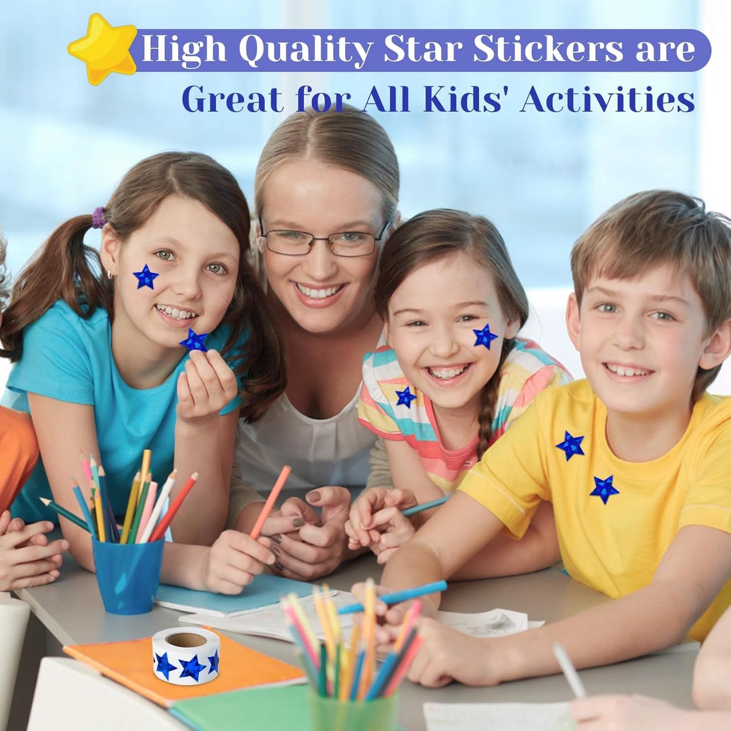 Skiennix Holographic Blue Star Stickers - 500 PCS Self-Adhesive Glitter Foil Labels for Kids & Teachers