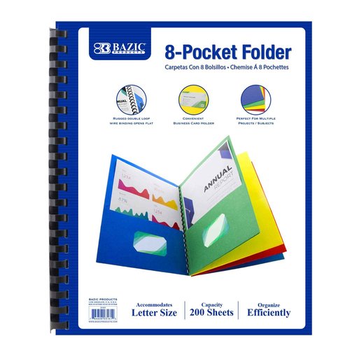 BAZIC Products 8 Pockets Folder Portfolios w/Double Loop Wire Binding, Letter Size Paper Folders for Office Business Document Papers Organizer, 12-Pack