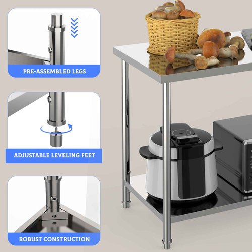 Stainless Steel Table, 36" x 24" Prep Workstation, 1000 LBS, NSF Commercial Work Table with Adjustable Undershelf and Galvanized Legs, for Restaurant, Home, Kitchen, Hotel, Outdoor