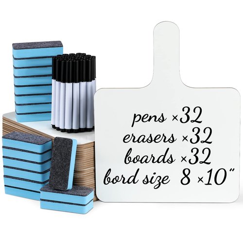 32 Pack Dry Erase Words 8"x10" Double Sided White Boards Plastic Handheld Paddles with Whiteboard Pens Erasers for Students Classroom Voting Bidding Answering(Square)
