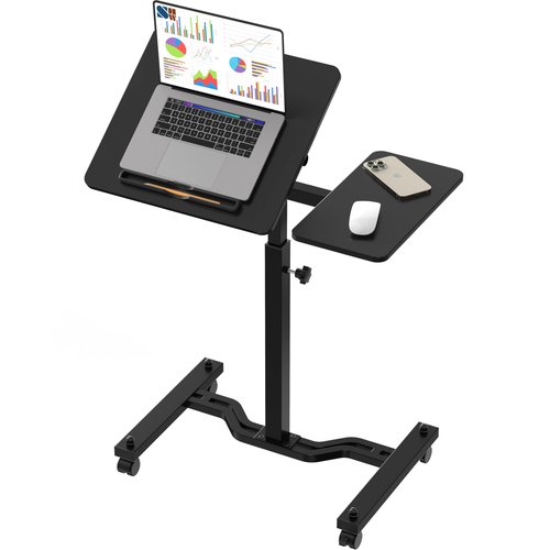 SHW 28.75" to 40.5" Height Adjustable Rolling Laptop Cart with Tilting Desktop and Side Shelf, Black