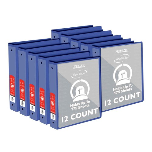 BAZIC Products 3 Ring Binder 1" Economy View Binders Organizer - Blue, Round Ring, Hold 175 Sheets Paper, for School Office Home, 12-Count
