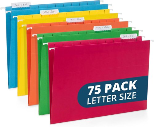 Blue Summit 75-Pack Colored Hanging File Folders - Letter Size, Assorted Colors for Bulky Files