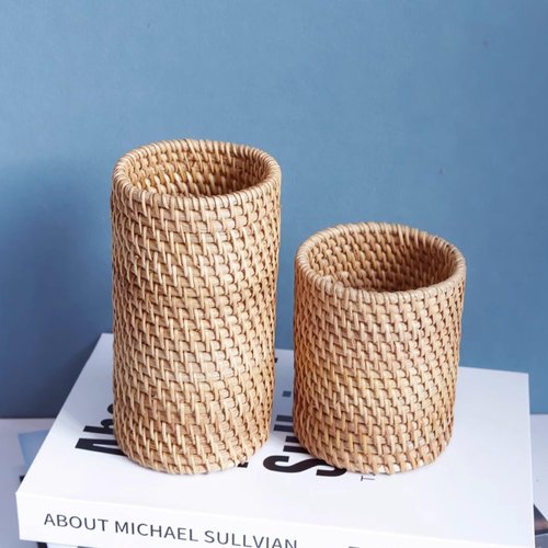 amololo Handmade High Wall Rattan Pen Cup,Tea Items Desk Holder,Wicker Pencil Décor Holder Flower Vase For Dry Flower,Rustic Makeup Brushes Holder Stand, Table Loose Items Organizer (High Cylinder)