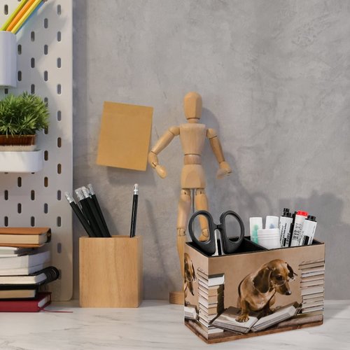 Niapessel Pencil Holder for Desk, Funny Dachshund Animal Pen Holder Storage Desktop Pen Organizer Desk Pencil Organizer Makeup Brush Holder for Office School College Leather