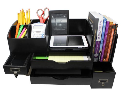 Executive Office Solutions Adjustable Wooden Desk Organizer For Desktop, Tabletop, Office or Counter – Wood Storage Shelf Rack For Office Supplies, Desk Accessories, or Mail – Black