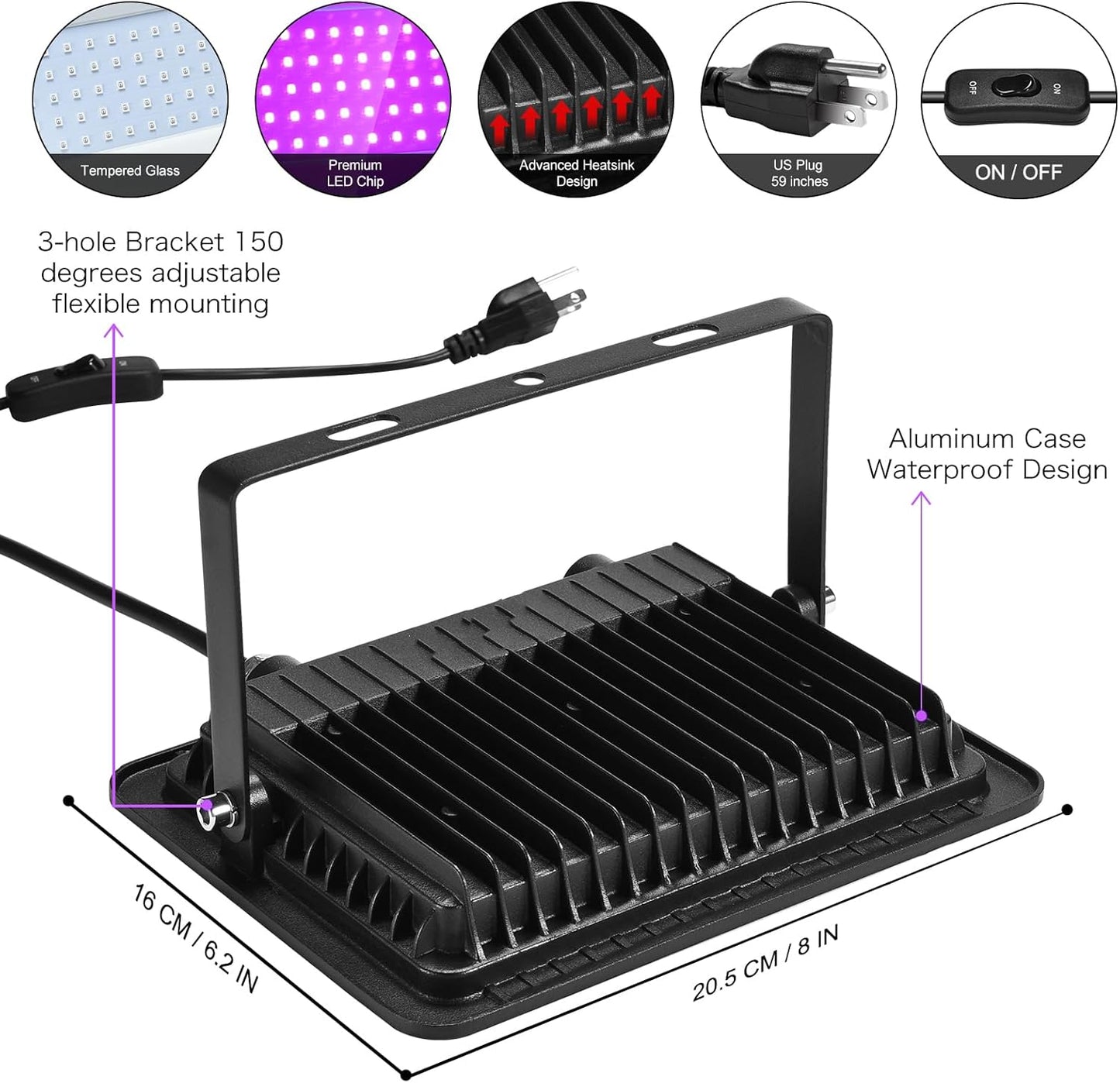 XYCN 150W Black Light Flood Light - Waterproof IP66 for Glow Parties, Halloween & Neon Decor