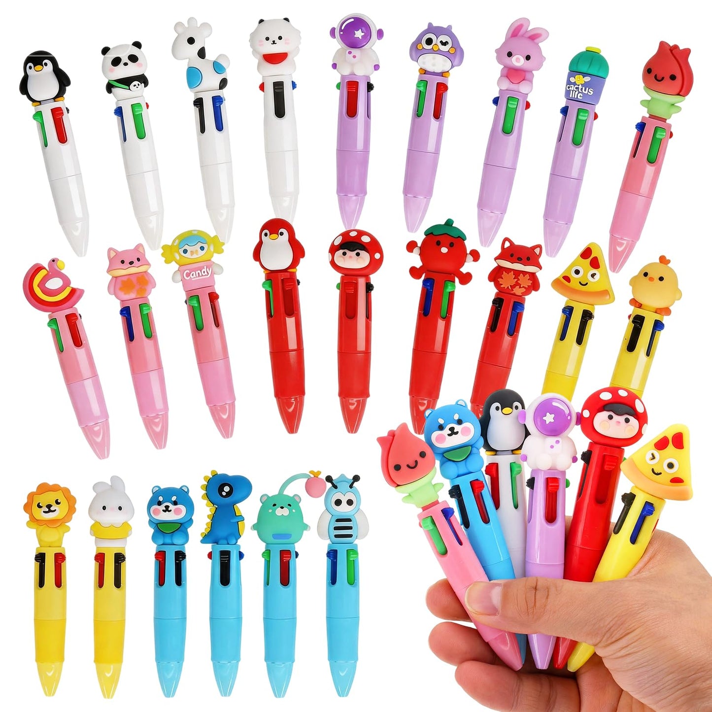 Zhirlyn Mini Multicolor Pens in One 4-in-1 Fun Pens for Kids Cute Pen Bulk Prize Gifts for Back to School Supplies Kawaii Cool Ballpoint Pen for Birthdays Classroom Gift (Cute, 24)