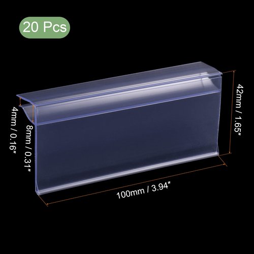 MECCANIXITY Label Holder 100x42mm Clip on Shelf Clear Plastic for 4-8mm Glass Shelving, Pack of 20