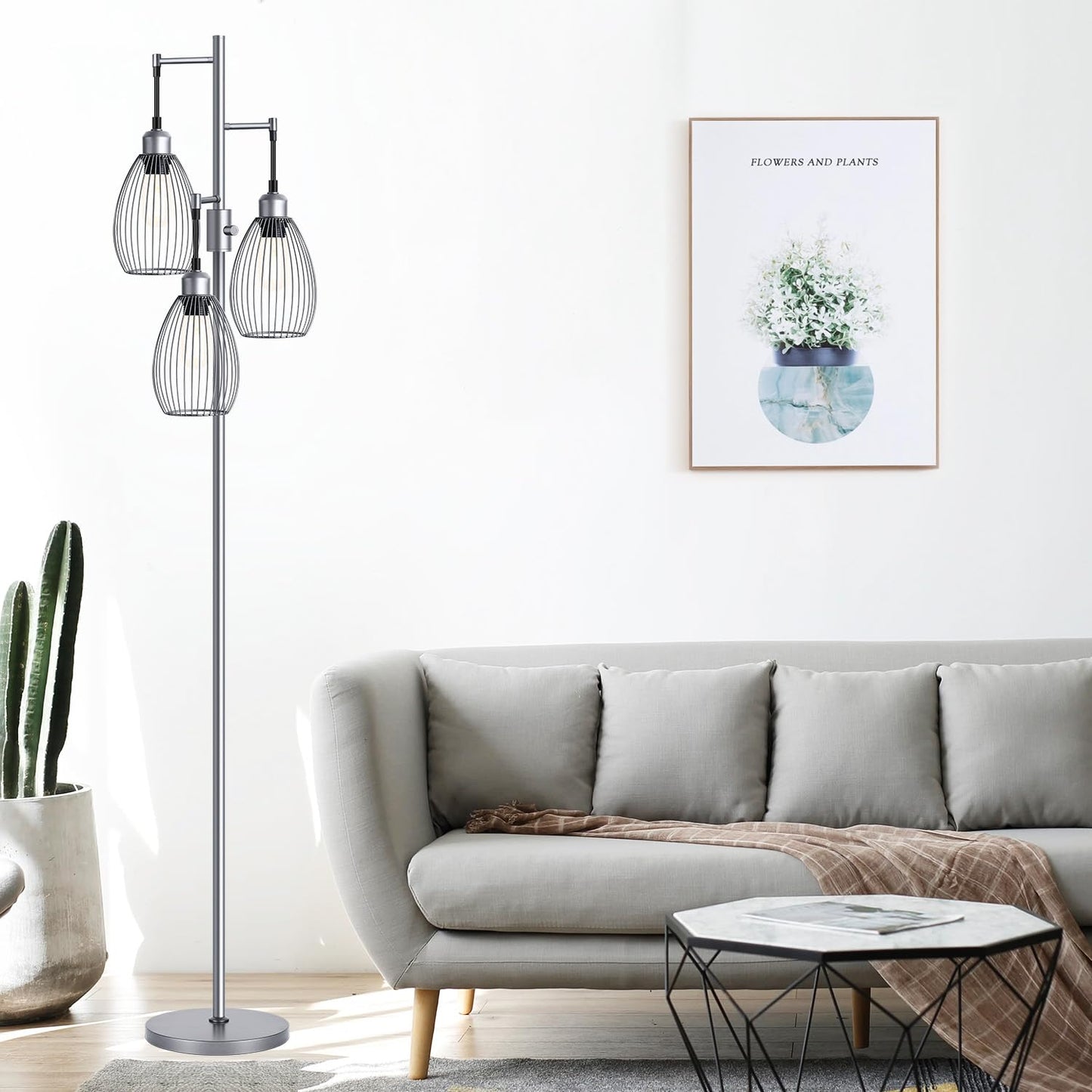 Nintiue Dimmable Floor Lamp, 3 x 800LM LED Edison Bulbs Included, Industrial Floor Lamp Standing Tree Lamp with Elegant Teardrop Cage Heads Tall Lamps for Living Room Bedroom-Grey