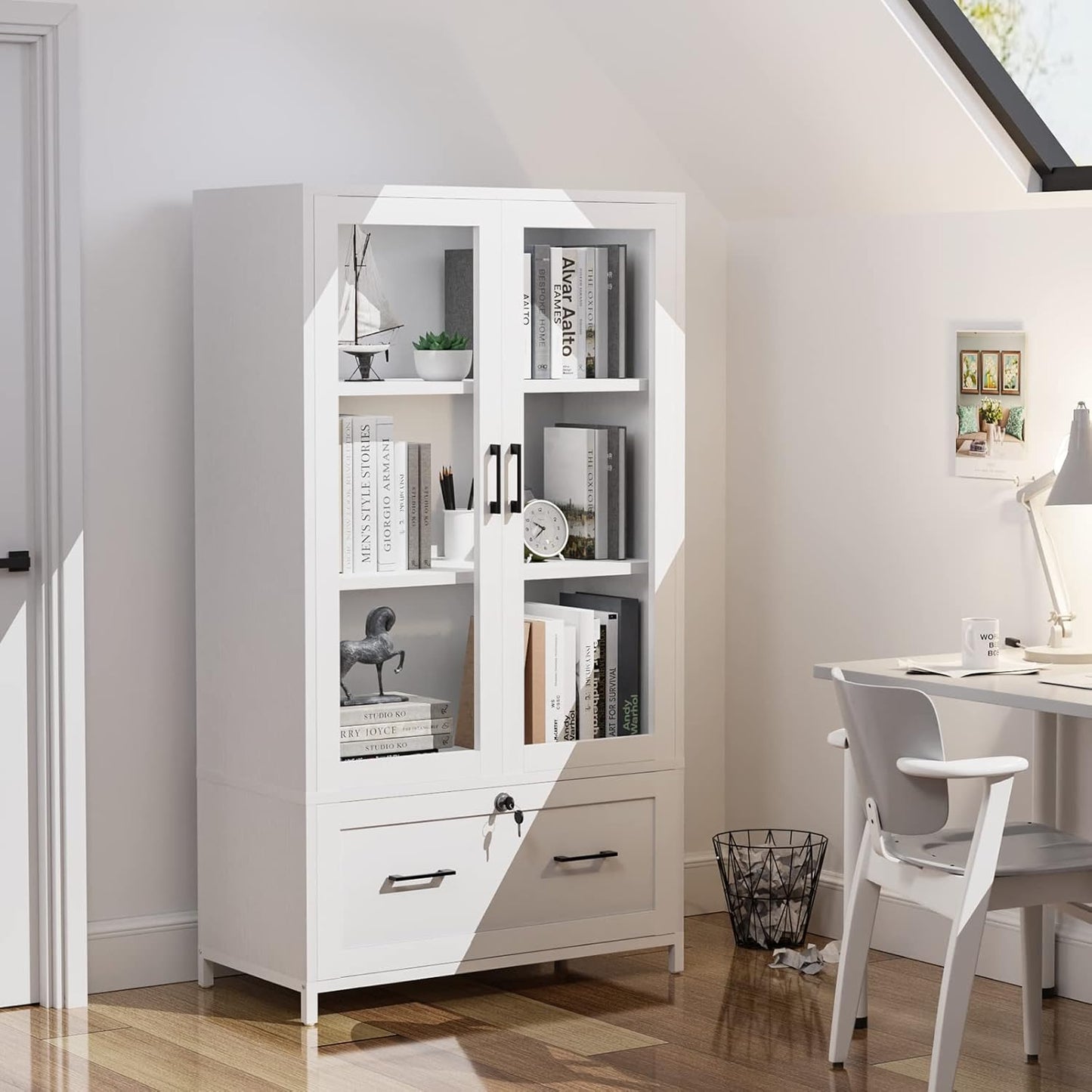 VINGLI Lateral File Cabinet - Glass Doors & Locking Drawer for Hanging Files | White, 30"W x 16"D x 55"H