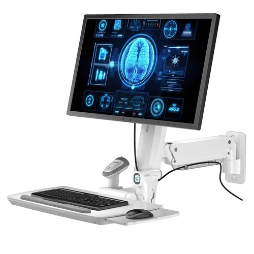 Mount Plus MED02 Medical Wall Mount Workstation with Folding Keyboard Tray | Large Sliding Mouse Pad | Height Adjustment Space Save Folding Design for 17"-35" Screen | Scanner Holder